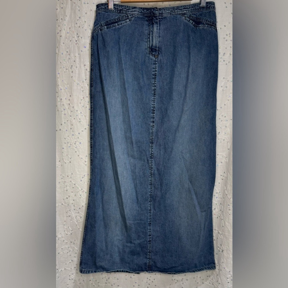 Contrast Dresses & Skirts - Vintage Early 90s Contrast Denim Maxi Pencil Skirt Back Slit Pockets Size 11 EUC